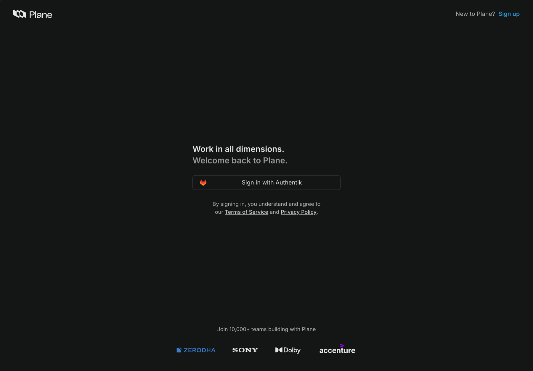 Plane's login screen with the "Sign in with Authentik" button